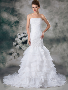 Robe de mariée sirène blanche en organza bustier à traîne courte