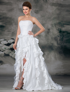 Robe de mariage A-ligne blanche en organza bustier asymétrique