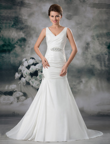 Robe de mariage sirène ivoire en taffetas col V à traîne courte