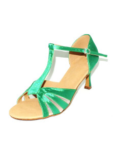 Pratiques chaussures personnalisées de danse latine à bout ouvert en satin vert et jaune