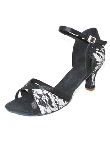 Adorables chaussures personnalisées de latine à bout ouvert en dentelle noir avec ruban aux cheville