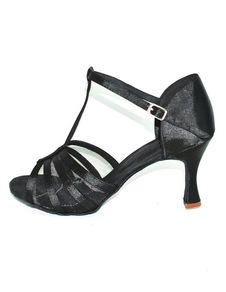 Pratiques chaussures personnalisées de danse latine à bout ouvert en fausse soie noir T-bracelet
