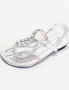 Fabuleuses sandales de plage plates en PU argent avec décoration brillante