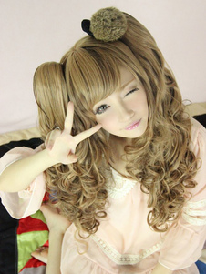 Perruque lolita adorable longue bouclée à mèches jaunes
