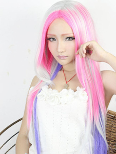 Perruque lolita rose longue lisse à mèches