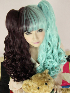 Perruque lolita tendance, longue bouclée, demi couleurs à mèches