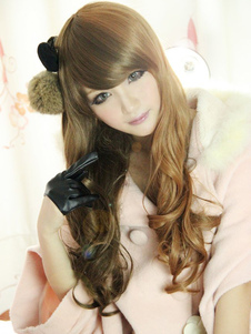 Perruque lolita naturelle longue bouclée à mèches marron