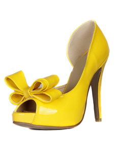 Fabuleuses chaussures à talons aigus et bout ouvert en PU verni jaune avec noeud