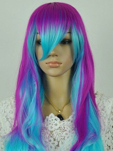 Perruque longue bouclée violet/bleu clair