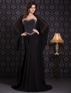 Robe de bal sirène en chiffon noir bustier avec strass