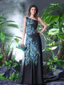 Robe de soirée en satin stretch noir avec applique à une épaule