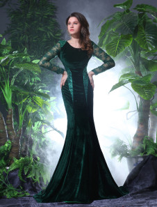 Robe de soirée fabuleuse bleu e foncée sirène en velours col rond à traîne