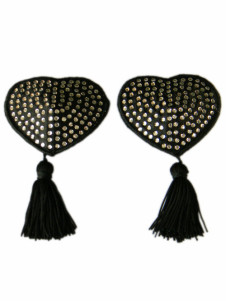 Pasties en PU noirs de forme cœur avec frange