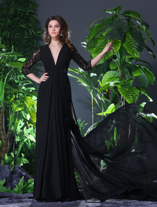 Robe de soirée A-ligne en chiffon noir avec dentelle col V à traîne
