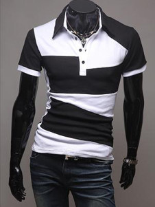 Black Color Blocking Short Sleeves Cotton Men's Polo Shirt
