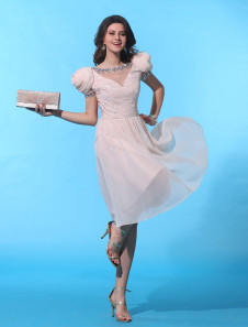 robe soutenue de cocktail A-ligne nude en chiffon col rond avec applique mini