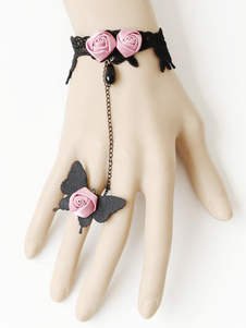 Lolita bracelet noir avec bague orné de rose