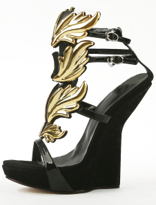 Chic Black Metallic Strappy Buckle Suede Leather Wedge Shoes For Woman 