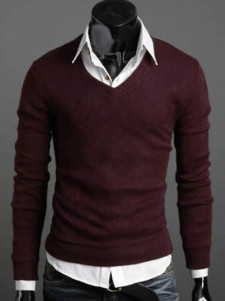 Pullover tricot homme style romain, manches longues, col en V, couleur bourgogne chic