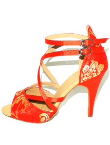 Chaussures de latine en satin rouge imprimé floral