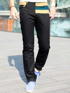 Black Color Block Cotton Straight Pants For Men 