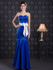 robe fascinante de soirée bleu royal taille empire en satin stretch bustier longueur plancher