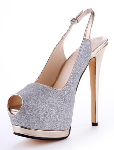 Fabuleuses chaussures à talons aigus et bout ouvert artificiel argent imprimé brillant