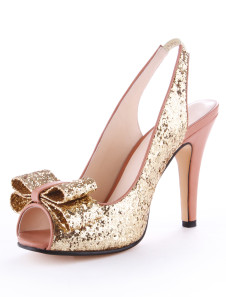 Chaussures d'or à talon aigu à peep-toe avec noeud