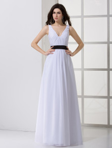 robe de soirée fabuleuse blanche A-ligne en chiffon col V longueur plancher