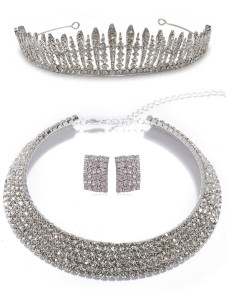 Parure de 3 bijoux nuptiaux métal argenté rond embelli de pierres du Rhin étincelantes