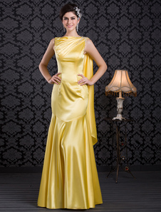 robe de soirée magnifique jonquille sirène en satin stretch col rond longueur plancher