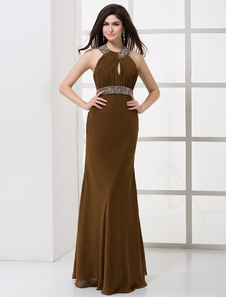 Robe de soirée en chiffon marron foncé plissé à licou