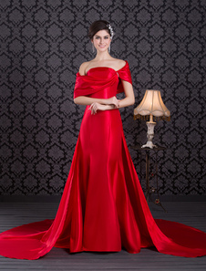 robe énigmatique de soirée rouge sirène en taffetas bustier à traîne courte