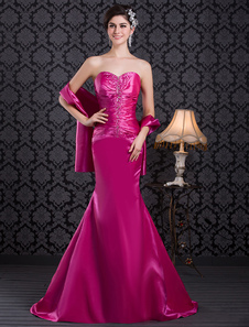 robe de soirée magnifique fuchsia plissée en taffetas encolure coeur à traîne chapelle
