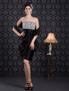 Black Beading Strapless Satin Knee-Length Cocktail Dress For Women 