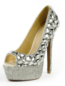 Charmantes chaussures à bout ouvert en cuir véritable verni argent métallique avec rhinestones