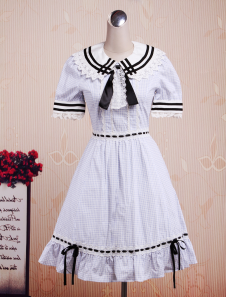 Sweet Blue Short Sleeves Cotton Lolita One-Piece 