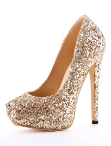 Chaussures à talon aigu en faux cuir d'or avec paillettes