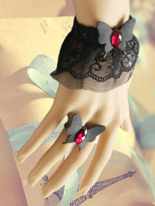 Bague et Bracelet de Lolita Bow noir élégant dentelle coton mode