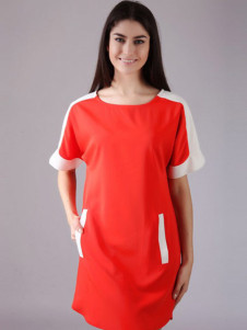 Daily Orange Polyester Two-Tone Scoop Neck Short Sleeves Women's Shift Dress 