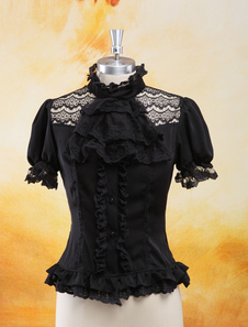 Classique noir Lolita Blouse manchons court volants dentelle garniture Stand collier Lace Up