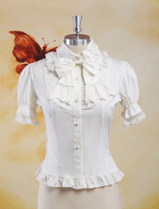 Toussaint Cospaly Costume Lolita douce blanc Blouse manches courtes dentelle garniture arcs volants