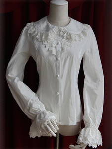 Garniture en coton Lolita Blouse manches longues dentelle ronde fronces dos Colar Turn-down