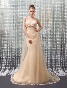 robe fascinante de soirée champagne A-ligne en tulle à bretelles à traîne courte