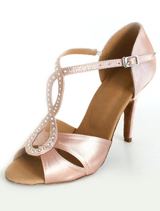 Chaussures de latine en satin creusé à talon aigu peep-toe avec strass