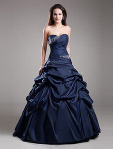 Robe en taffetas bleu marine foncé avec perles