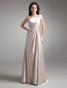 Robe mère de mariés champagne à une épaule avec perle