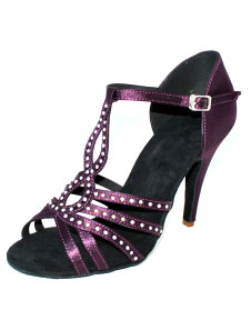 Chaussure de latine en satin pourpre à talon aigu et peep-toe avec strass