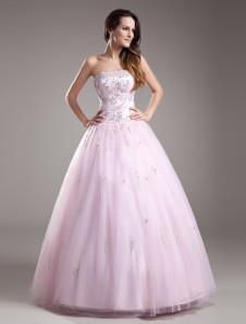 robe sublimée de boule boule rose en tulle bustier avec perles longueur plancher