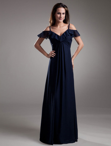 Robe de soirée en chiffon bleu marine foncé avec volant